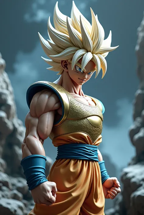 The image features a muscular real man Goku from dragon ball GT in saiyan blue and gold wide saiyan armor, striking a fighting pose on a rock, large pump up body, real person
