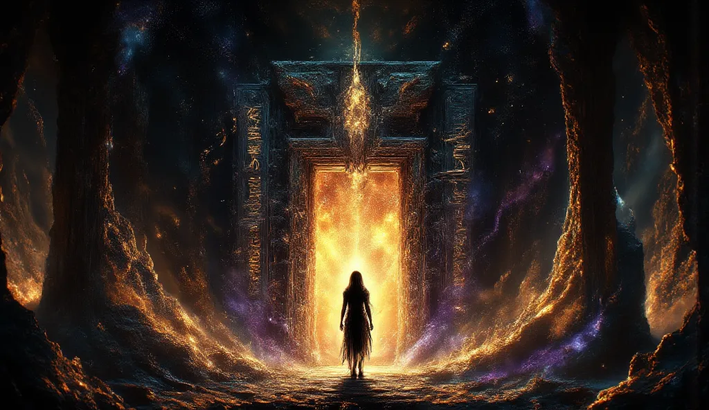 The scene captures a like silhouette stepping into a luminous doorway bordered by Egyptian hieroglyphics, set against a richly detailed backdrop of an ancient city filled with monuments, temples, and structures. The lighting emphasizes the glow of the door...