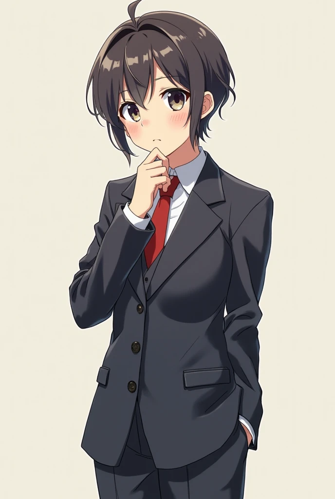 anime character, ,  Facing the observer but not so head-on, formal clothing, Determined posture as if you were thinking and not by appearance 
