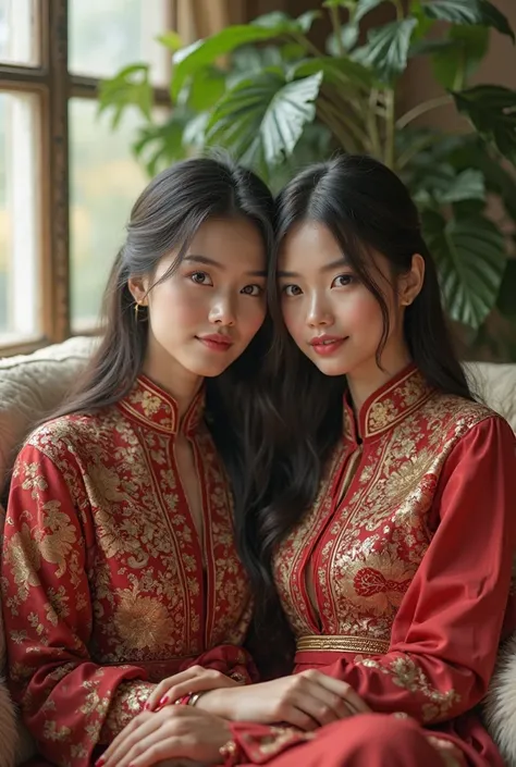 (photorealism:1.2), two beautiful woman, sitting on sofa, wolf cut hair, indoors, soft lighting, plants in background, cozy room, relaxed pose, realistic, intricate details, posing for camera, baju kurung