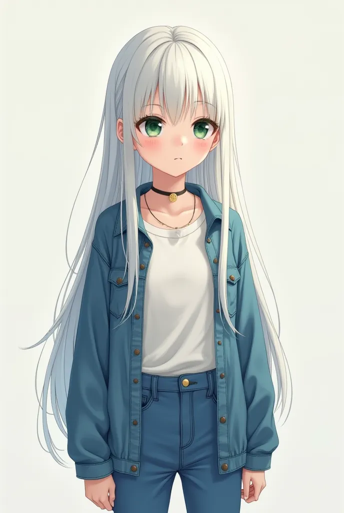 Girl of 12 anime long white straight hair dark green eyes dressed in blue jeans and a white t-shirt tucked inside her pants and a blue jean jacket 
