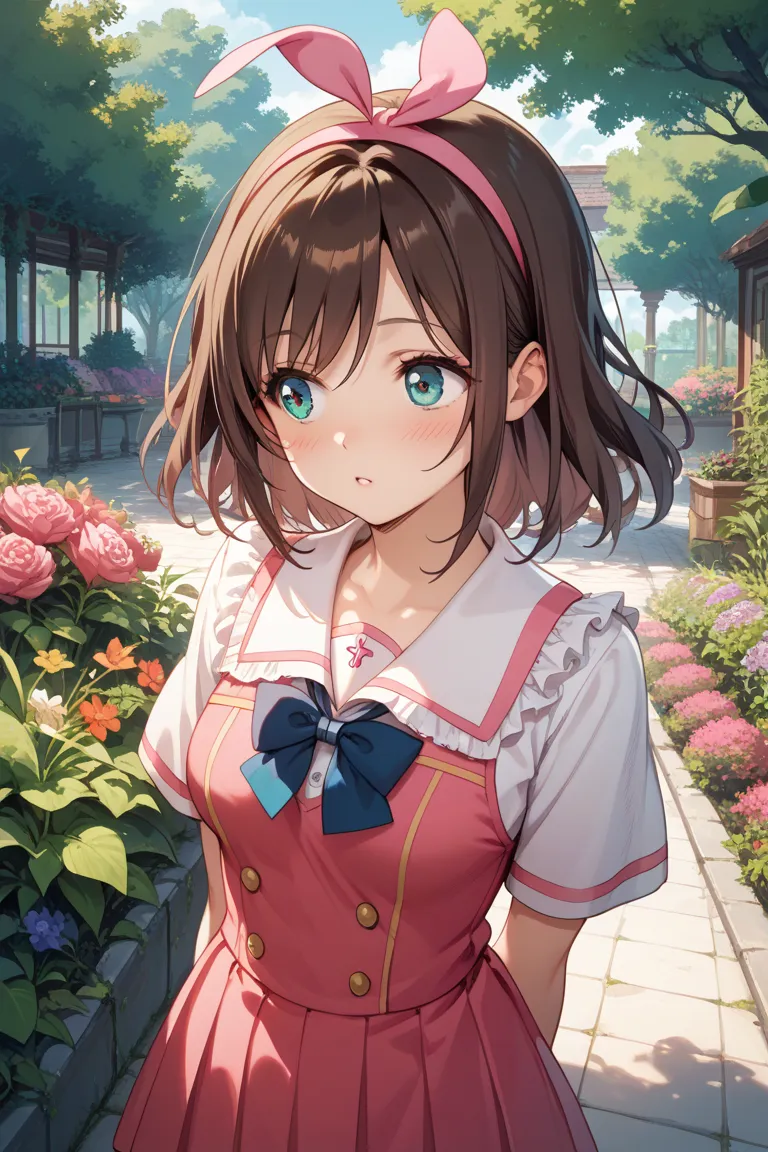 Kizuna Ai、dark brown hair color、uniform、blouse、 will stretch your chest、can see boobs、 Exposure、 sexy、miniskirt、Teehee、blush、garden