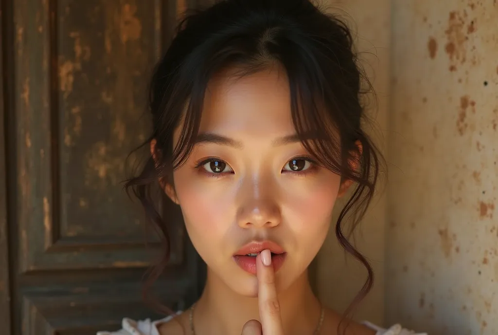 A Japanese woman with a gentle yet sensual expression, holding her index finger in front of her lips in a ‘shushing’ gesture as if sharing a secret. Her eyes are captivating, filled with mystery and allure, and her lips are slightly parted in a subtle, sed...