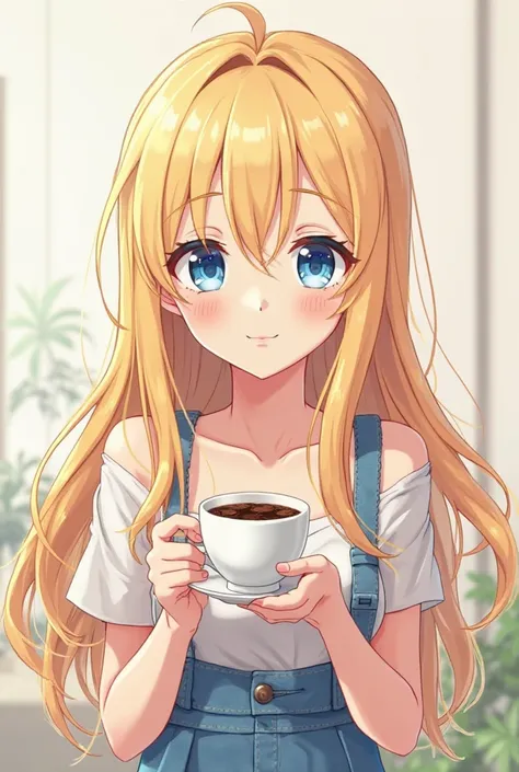 A blonde girl with long hair with blue anime-style eyes who looks like she is posing for a photo on her social networks drinking coffee that shows the anime style, That doesn't look like 3D