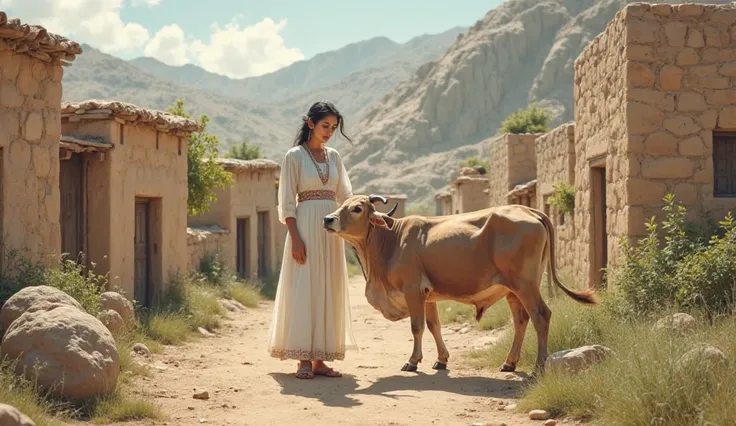 Create an image of beautiful a village in Balochistan. A woman wearing a white Balochi dress with a pocket in front of her shirt. She is giving grass to her cow