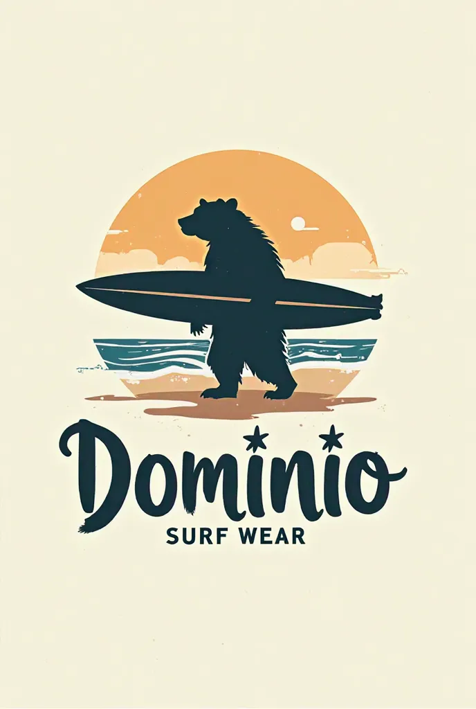  A logo with the name  "Dominio Surf Wear" with a silhouette of a bear carrying a board on the beach 