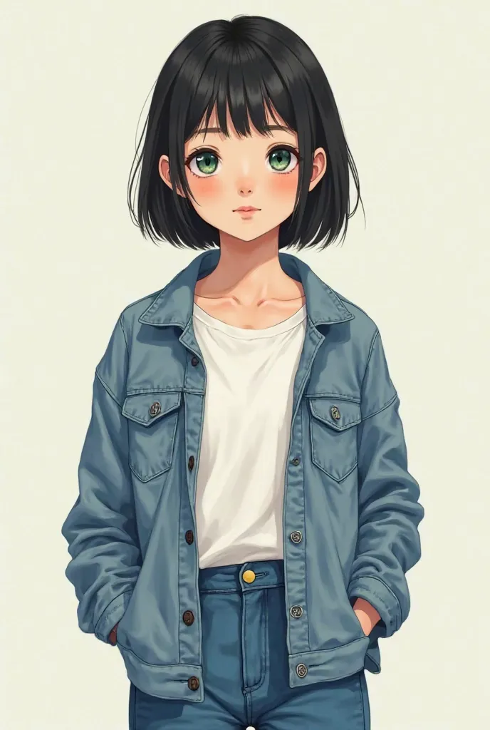 Girl of 12 anime short black hair straight dark green eyes dressed in blue jeans and a white t-shirt tucked inside her pants and a blue jean jacket 
