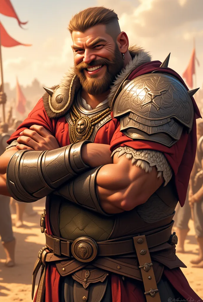 Warrior man. Well-kept skin. 5'11", 240lbs. Wide set strongman build. Strong, but overweight, soft belly. Short brown beard, handlebar moustache, and short brown hair. Grey eyes. Pale skin with a healthy glow from sun exposure. 29 years old. Red medieval q...