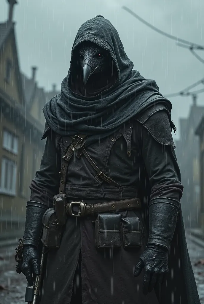 Make a soldier with a hoodie with a crow's head, Make the weather dark and rainy 