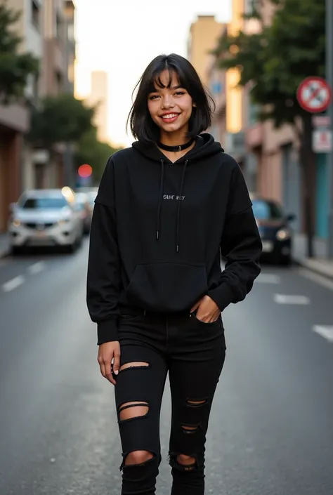 "Realistic full-body image of Ágatha, a 20-year-old Brazilian woman with short, straight black hair styled simply, looking natural and effortless. She is wearing a black oversized hoodie with a subtle graphic design, paired with ripped black jeans. Her foo...