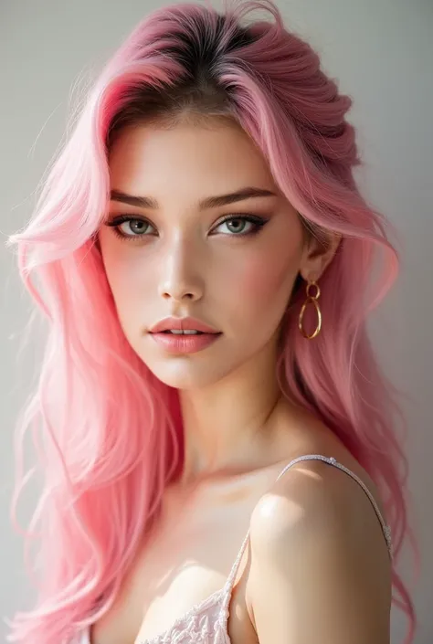 Create a Korean woman with dual nationality based on this photo ( Brazilian) With light brown eyes and pink hair