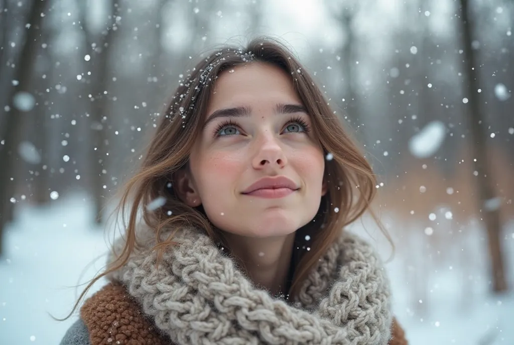 Realistic portrait of woman enjoying  winter snowfall 