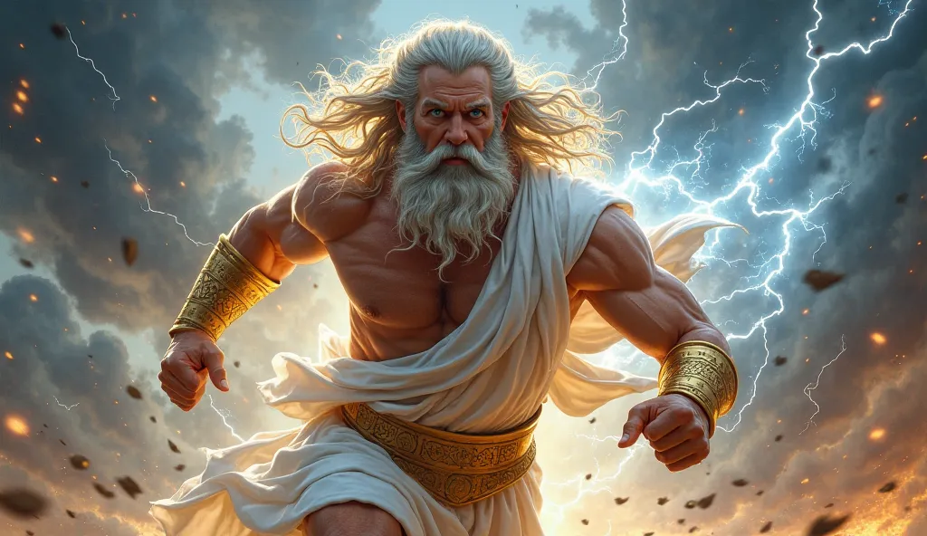 Create an image of Zeus running towards the viewer with a powerful and determined expression. His muscular physique is highlighted by the flowing white robes and golden armor that adorn him. His long, wavy hair and beard flow wildly in the wind, and his pi...