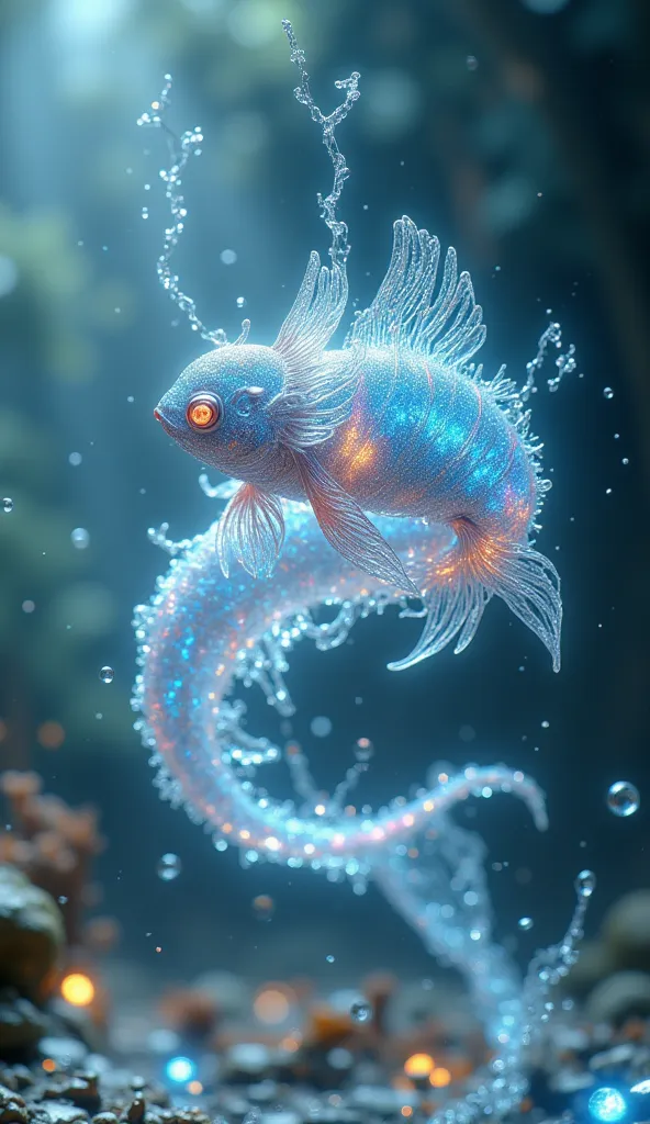 Masterpeice, realistic, high quality, 8k Ultrs HD, A tiny, fish-like creature that floats in the air as if swimming through invisible water. Its body is covered in iridescent, see-through scales that reflect different colors. Miragefin leaves behind shimme...