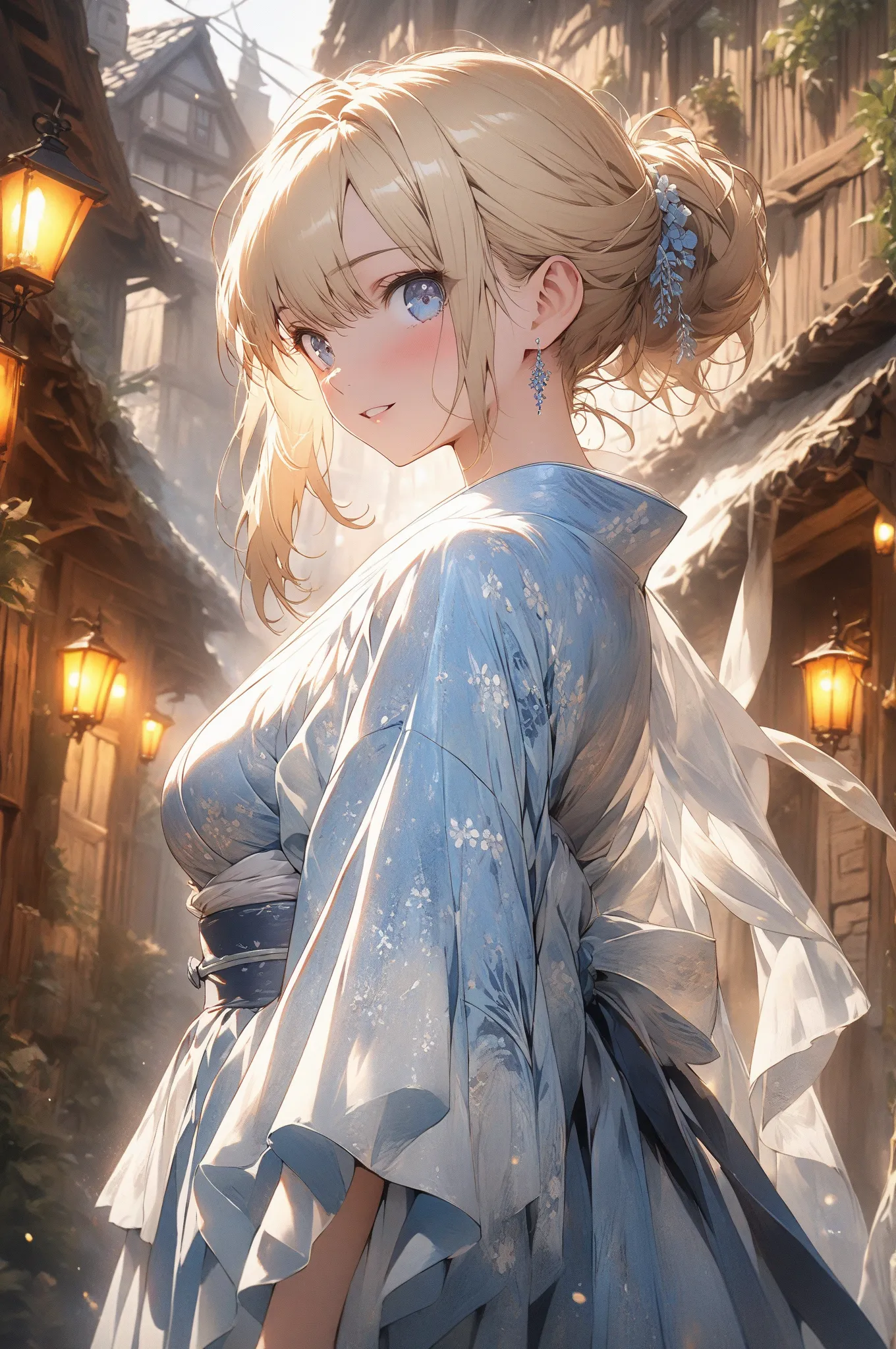 (masterpiece, detailed:1.2), One Girl, (18-years old), blonde one updo, Medium Breasts, sky blue eyes, BREAK, Highest quality, town, Kimono, from below