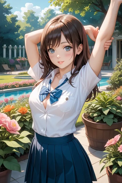 Kizuna Ai、dark brown hair color、uniform、 The blouse is unbuttoned 、chest visible、 will stretch your chest、can see boobs、 Exposure、 sexy、miniskirt、Teehee、blush、garden