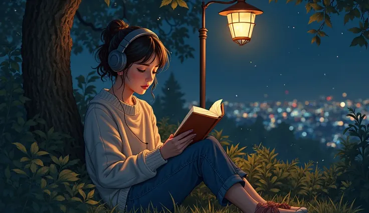 night, reading a book while listening to music through headphones. The soft glow of a streetlamp illuminates her face, and she looks peaceful and focused. The park is quiet, with trees and bushes surrounding her, and a few distant city lights twinkling in ...