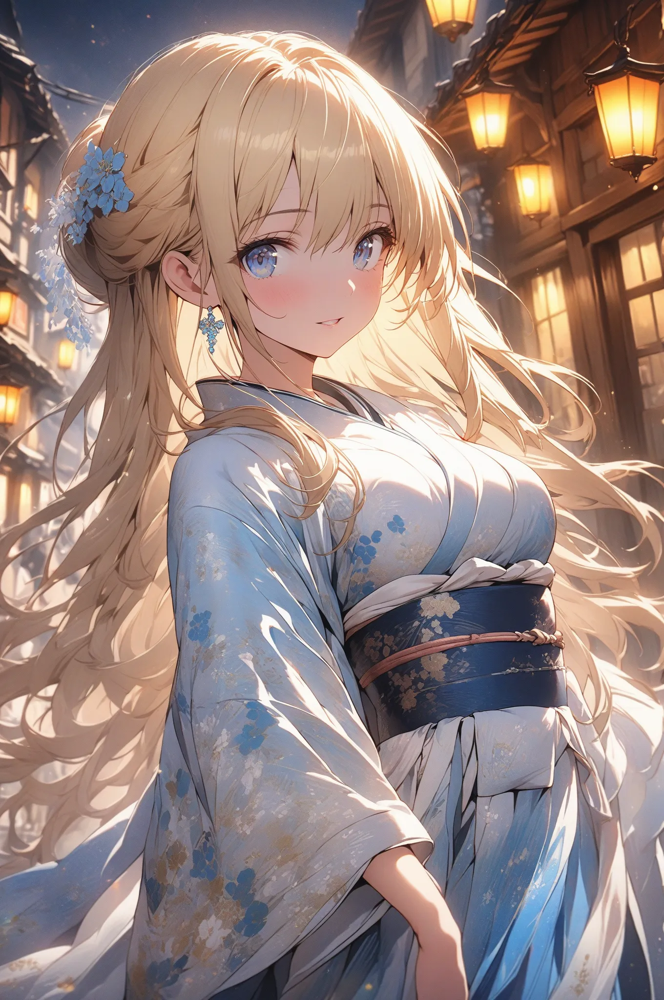 (masterpiece, detailed:1.2), One Girl, (18-years old), blonde one updo, Medium Breasts, sky blue eyes, BREAK, Highest quality, town, Kimono, Fullbody from below