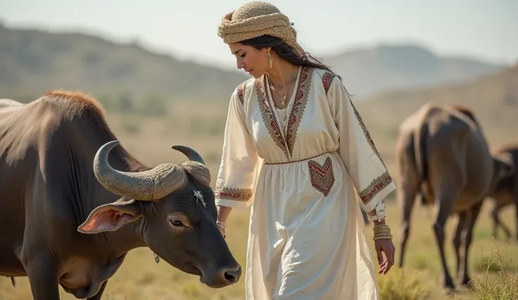 Create an image of beautiful a village in Balochistan. A woman wearing a white Balochi dress with a triangle pocket in front of her shirt. There is a doppata on her head. She is bent and putting grass to her buffalo 