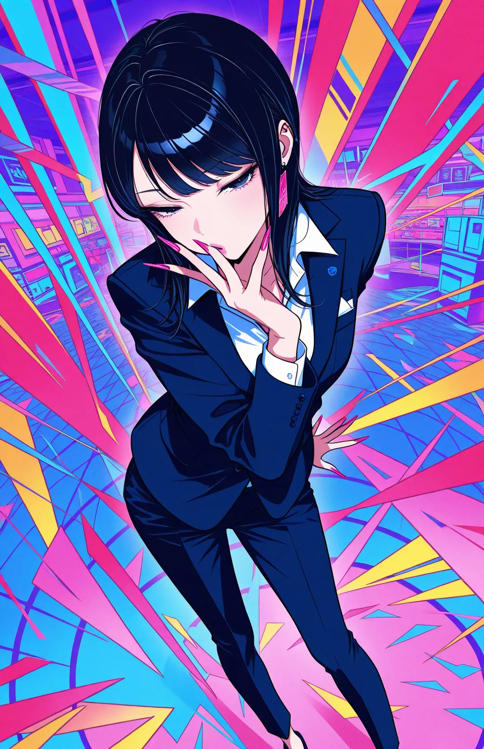  flat color, gyaru, cool beauty, solo woman, black hair, slender body, half-closed eyes, japan formal fashion, neon motif room, feet out of frame, geometric, Blowing sax, High angle,