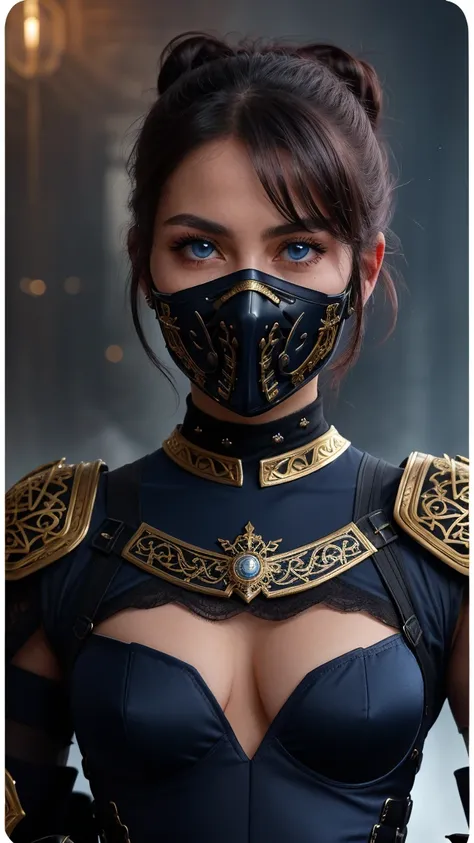 A highly detailed, ultra-realistic depiction of a fierce and mysterious female warrior. She has piercing ice-blue eyes and a sharp, intense gaze, with well-defined arched eyebrows. Her rich dark brown hair, almost black, is styled in a high, messy bun, wit...