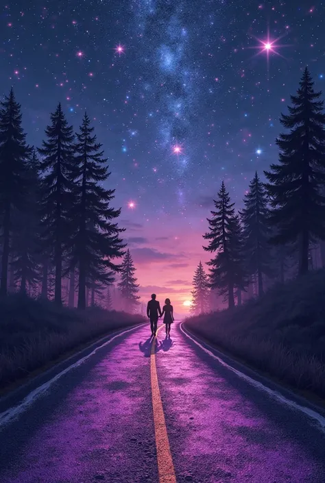 I want a cover with the name of a song. I want a purple path on a road at night with beautiful pink and blue stars. On the way I want two people 
 With a lot of glitter and the name I want in gold. "Love in my heart" 