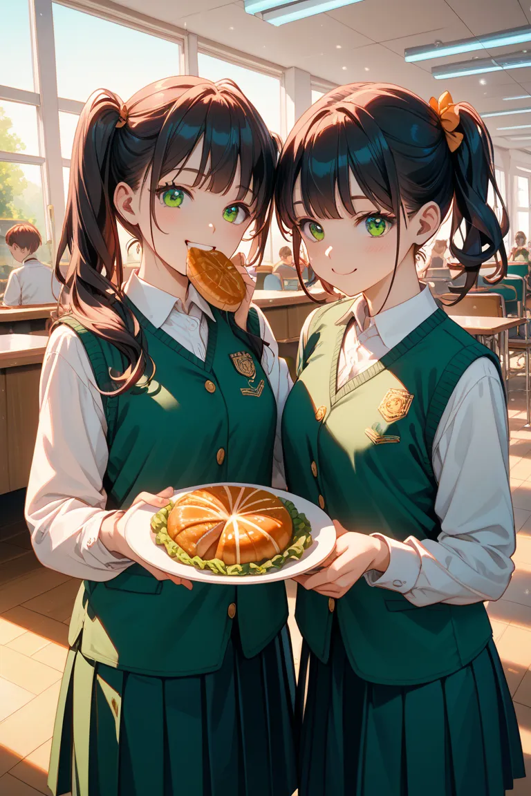 anime style high school girl green uniform 2、3 people enjoy eating at the food court