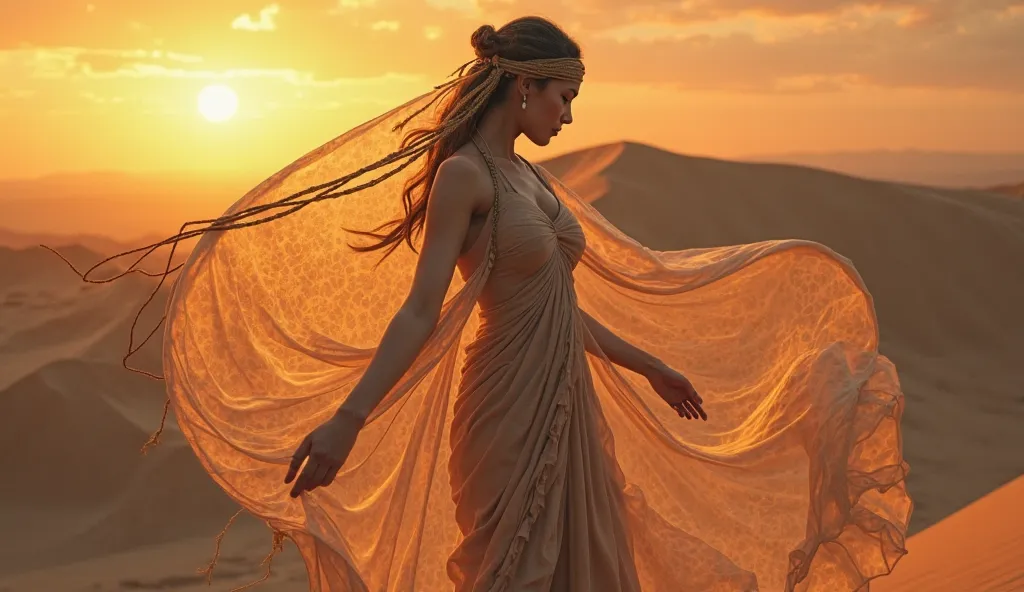  The wind blows its thin fabric ,  that leaves body parts exposed .  This could be a symbol of  from dogma .  A traditional headdress contrasts with the openness of the outfit. Sand dunes and sunset in the background .