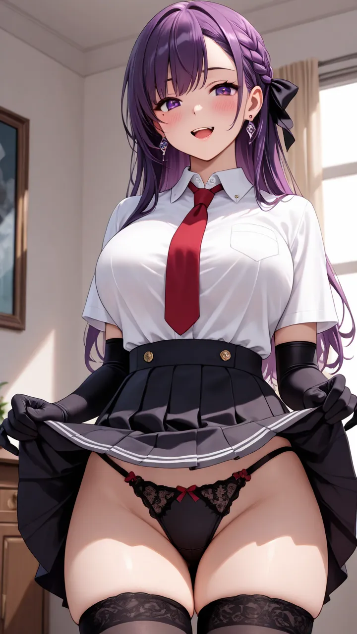 1girl, solo, long hair, looking at viewer, blush, large breasts, open mouth, jewelry, underwear, purple eyes, white shirt, hair ribbon, purple hair, thighs, hair bow, cowboy shot, earrings, pleated skirt, black gloves, collared shirt, indoors, black thighh...