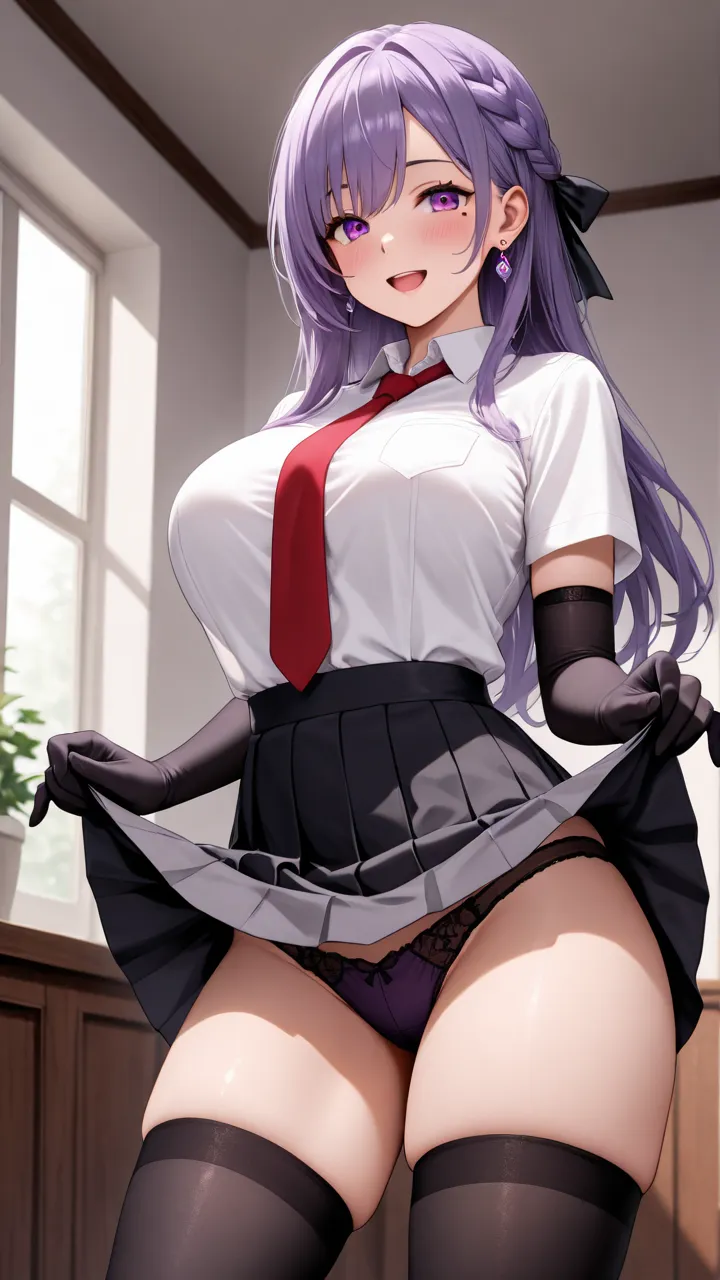 1girl, solo, long hair, looking at viewer, blush, large breasts, open mouth, jewelry, underwear, purple eyes, white shirt, hair ribbon, purple hair, thighs, hair bow, cowboy shot, earrings, pleated skirt, black gloves, collared shirt, indoors, black thighh...