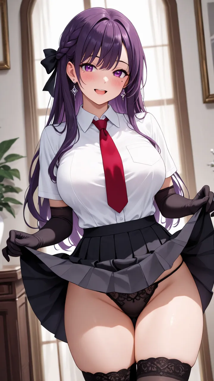 1girl, solo, long hair, looking at viewer, blush, large breasts, open mouth, jewelry, underwear, purple eyes, white shirt, hair ribbon, purple hair, thighs, hair bow, cowboy shot, earrings, pleated skirt, black gloves, collared shirt, indoors, black thighh...