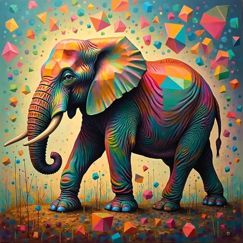 A surrealist painting of an elephant in a fragmented abstract style, characterized by a symphony of vibrant colors and details intricate. Geometric shapes form the elephant's body, creating a sense of movement and fragmentation. Its massive shape is divide...