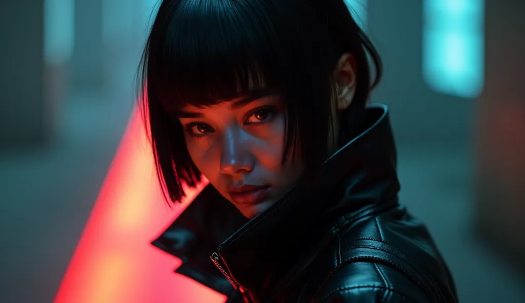 Close-up of an woman with dark short hair, blue eyes, black leather overcoat, glowing red line on the ground leading forward, cinematic lighting, cyberpunk style, ultra-detailed.