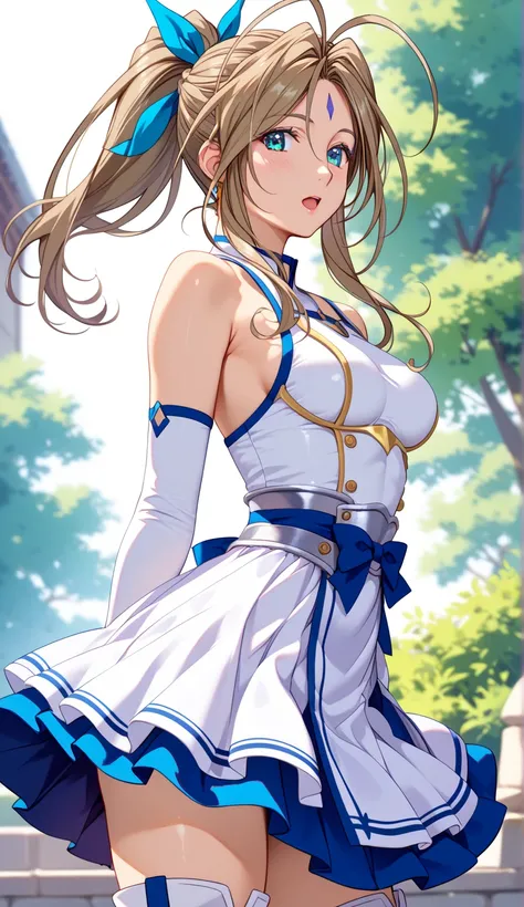 (Belldandy:1.05)、20 year old female、solo、Open Your Mouth and Be Shy、 pale brown hair、(short hair)、high ponytail、Silky Hair、beautiful hair、 aqua colored eyes、 beautiful eyes、 Eyeliner、beautiful skin、 white skin、textured skin、medium chest、(White Armor:1.25)、...