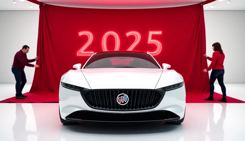 captivating image of a [2025 Buick Electra E5 ]taking a center stage in a luxurious white showroom.
The futuristic, vibrant ( white)exterior gleams , showcasing it's sleek aerodynamic design and bold accents ,the words ( 2025 Buick Electra E5 ) a man and w...