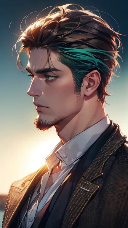 (  better quality,4K,8k,   highres,  masterpiece :1.2),  breasts  ,(Realistic,photoRealistic,photo-Realistic:1.37),36-year-old man,3 day beard,Beautiful anime,Portraits,strong,masculine,    with dark hair  ,sharp jaw,     mesmerizing green eyes   ,    perf...