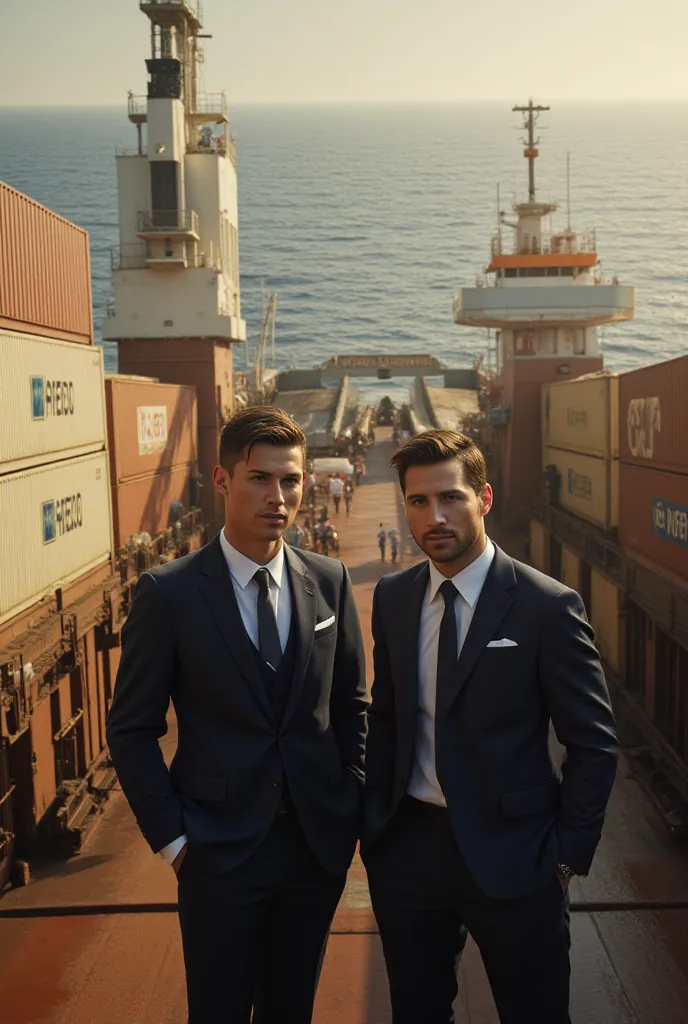 Cristiano Ronaldo and Messi on a cargo ship as international trade graduates 