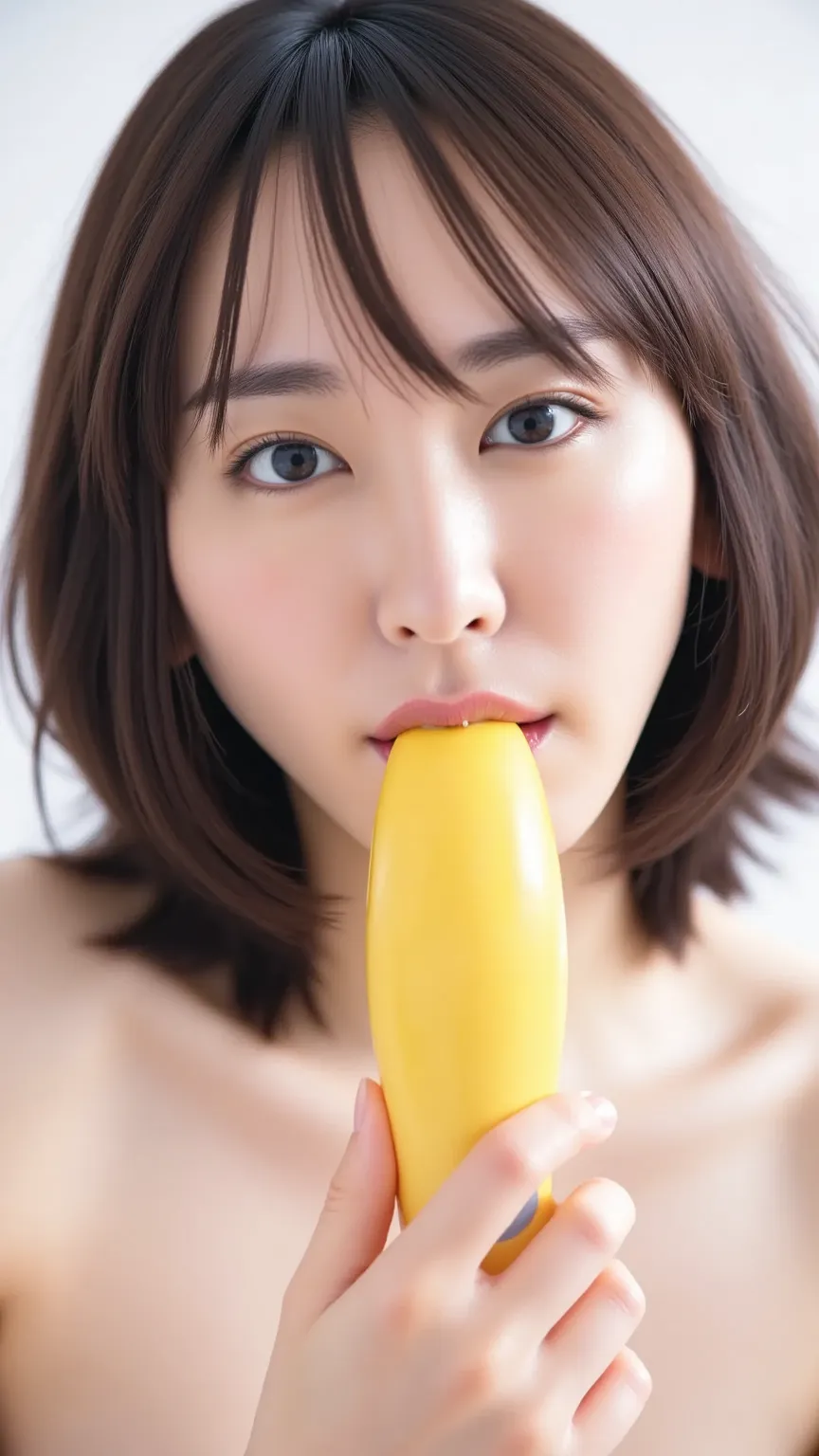 high image quality。High Precision。a Japanese woman。she gently grasps the penis shaped vibrator with both hands。A penis shaped vibrator is about the size of a banana。Bringing the penis shaped vibrator close to her mouth、she opens her mouth wide and cheeks o...