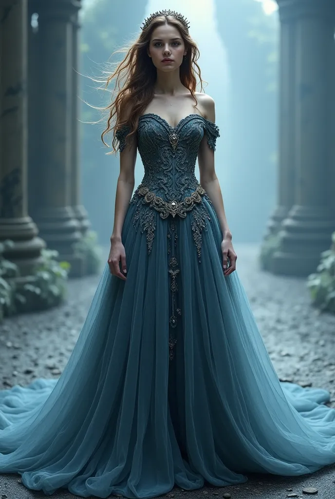 Can you design a picture of a princess wearing a gray and blue dress that covers her whole body and the picture is of her full body