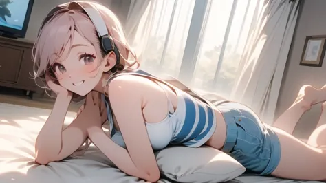 

((Cute Japanese woman)), lying on her back on a pink sofa in a western style living room, (wearing big headphones, straight black long bob)), white and blue striped tank top, denim shorts, cheerful and lively smile, side angle, curtains closed, black TV ...