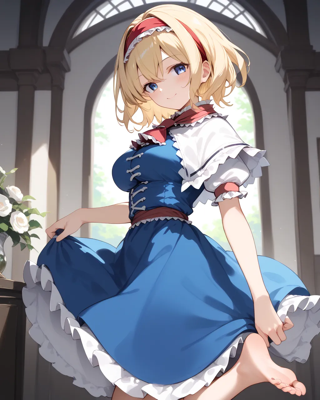 score_9, score_8_up, score_7_up, BREAK source_anime, best quality, masterpiece, BREAK 1girl BREAK aliceN, alice margatroid, medium hair, blonde hair, blue eyes, ,red hairband, hairband, frilled hairband, white capelet, blue dress, frilled dress, frilled as...