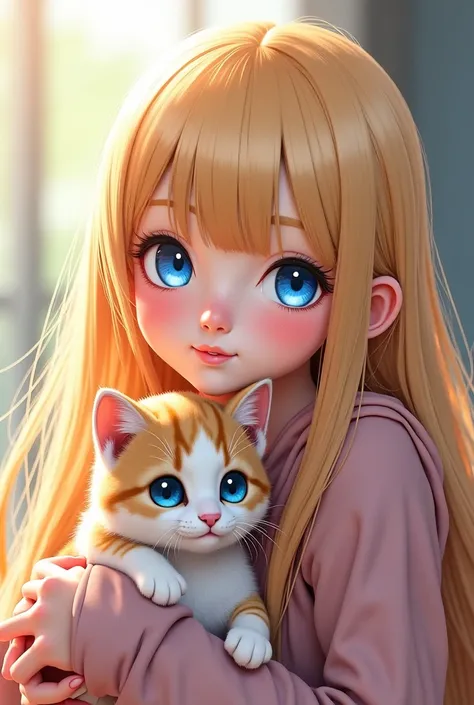 A blonde girl with long hair with blue anime-style eyes who looks like she is posing for a photo on her social networks with a cat (That she is not the cat, That it's not Furry) that you can tell the anime style, That doesn't look like 3D