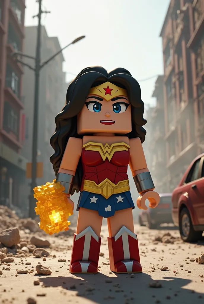 A blocky Minecraft-style Wonder Woman standing in the middle of a destroyed urban street, surrounded by damaged buildings, smoke, rubble, and abandoned cars. Her pixelated 3D body is designed in a voxel-based style, wearing her classic red and gold armor w...