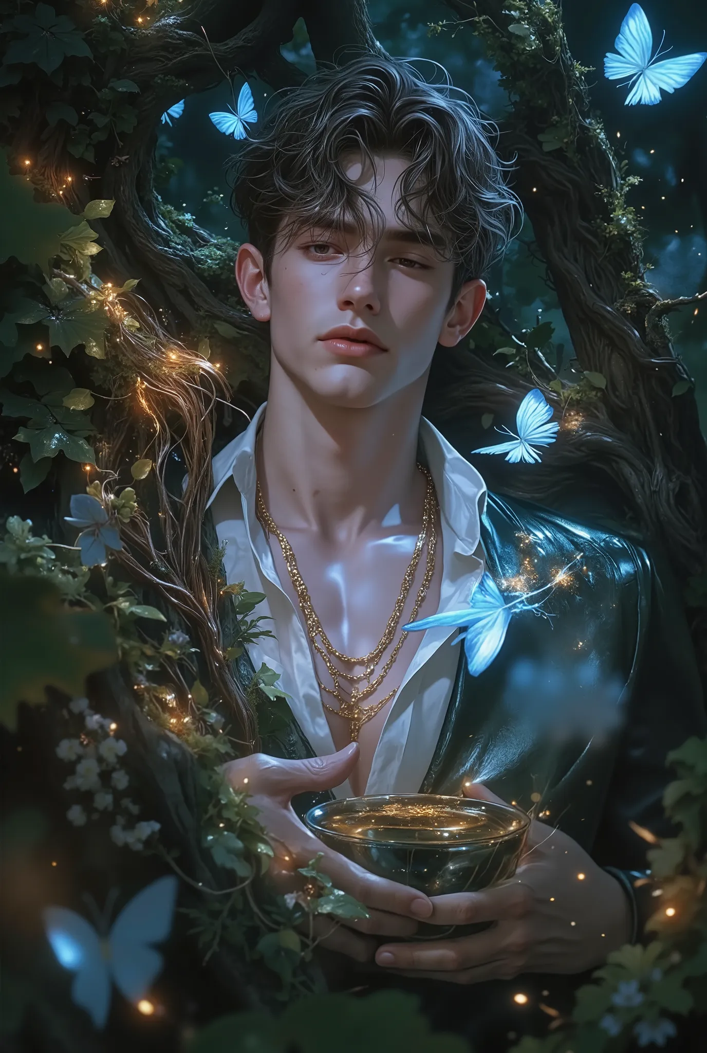 The most handsome young man showing her full face background. happy forests ,Autumn colors , fairy goddesses , glowing blue magic ,Fantasy Colors, enchanting trees , glittering mist , Supernatural Creatures ,Surreal atmosphere , mysterious atmosphere , mag...