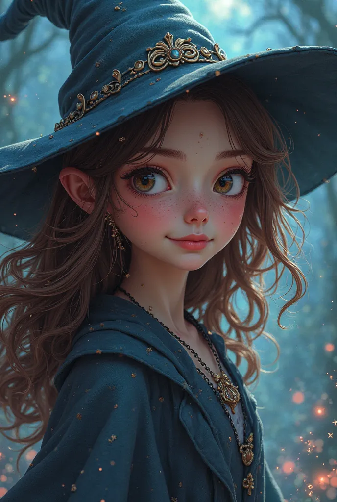 Beautiful animated witch girl with long wavy brown hair and pale skin 