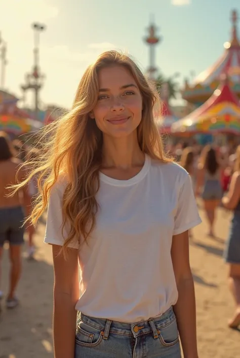 28-year-old Brazilian woman with long blond hair wearing a white t-shirt and jeans. In the background, An amusement park shows.