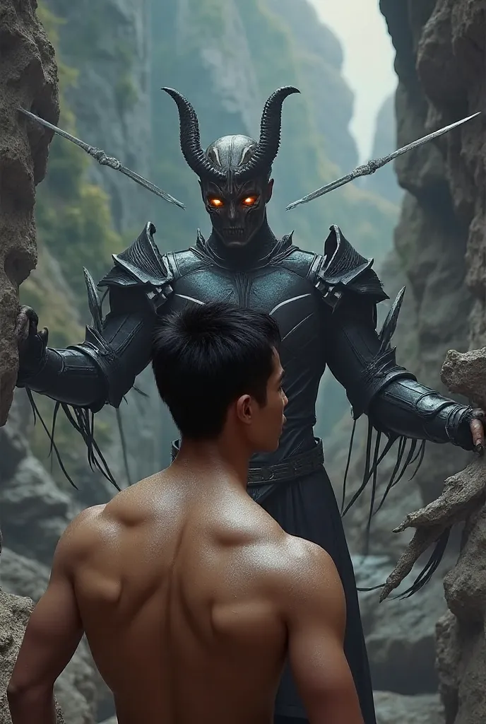 Create an adult humem with your back to the camera, Young and shirtless and muscular and short black hair, In front of him is a demon in the shape of a human wearing body armor with horns, Your armor is black, And your face is skeletal with glowing eyes. i...