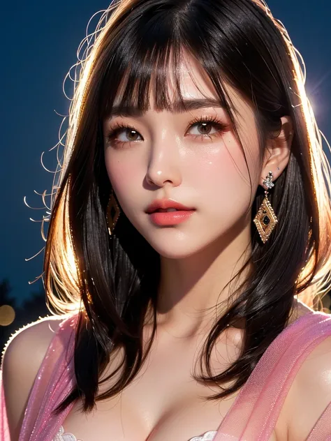 Stylish and muscular、in front、  floats in the night sky 、  nipples pop out 、  pants、 Her super-transparent organza poncho, which covers her entire body, is lifted up、  oily and shiny skin 、short bob、bangs、 Japanese、 1 girl,  High Resolution , droopy eyes、 ...