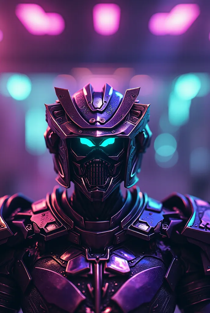 samurai robot helmet purple and green blue, bright blue eyes,  - Upright posture, decisive expression,  Shiny metallic armor , Intricate details, cyberpunk landscape background,  neon lights, futuristic atmosphere , Concept art style, digital illustration,...