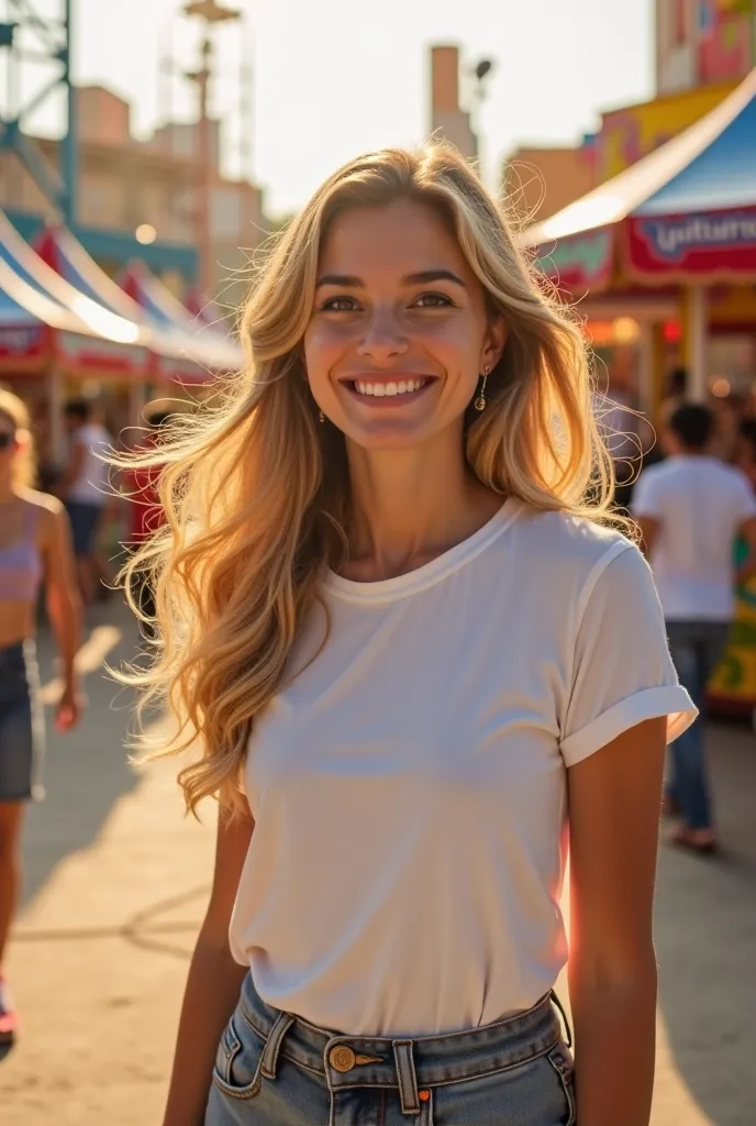 28-year-old Brazilian woman with long blond hair wearing a white t-shirt and jeans. In the background, An amusement park shows.